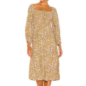 Faithful the Brand Long Sleeve Midi Dress Paisley Floral Print Yellow Orange XS
